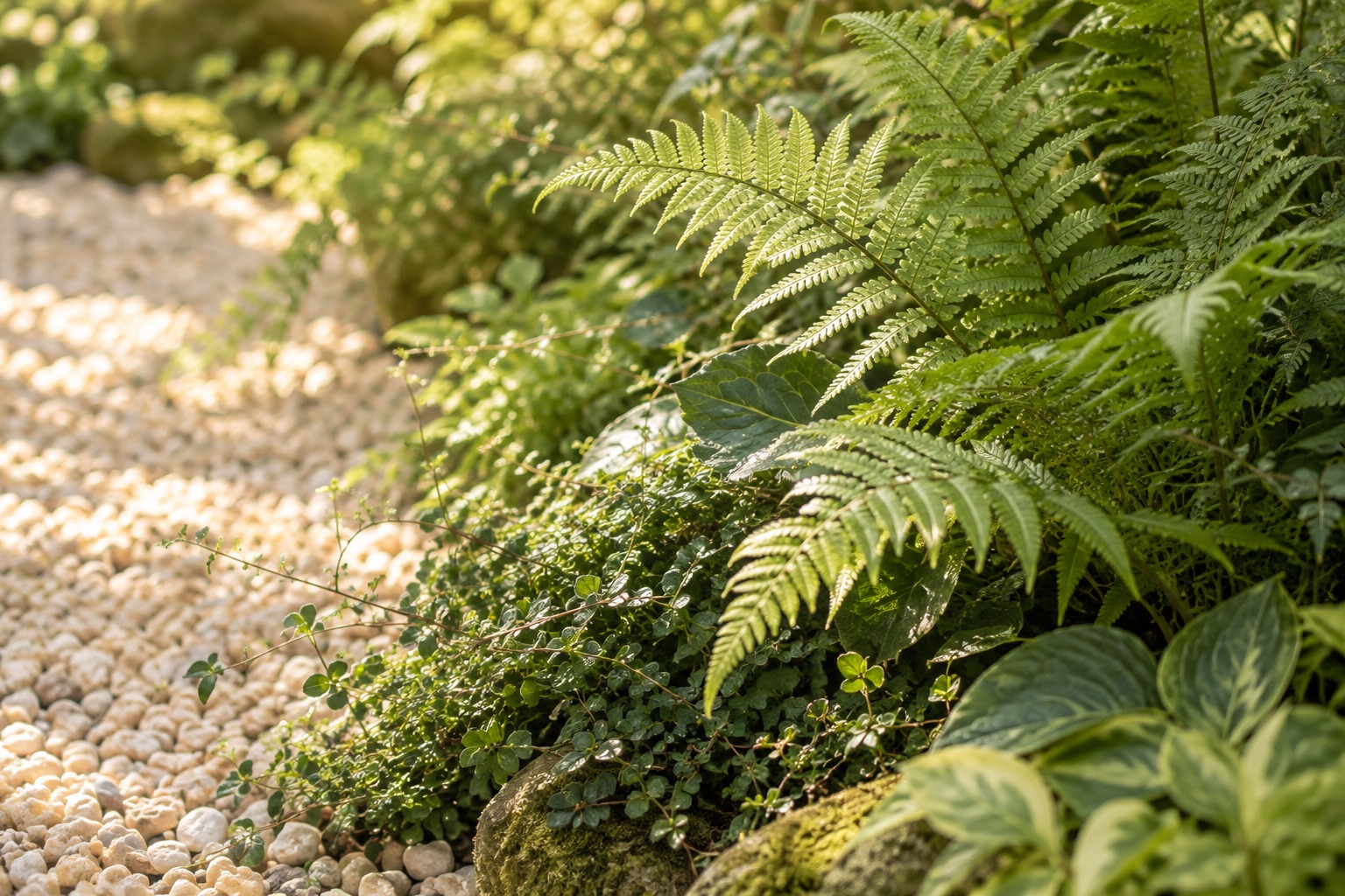 Sunlit fern leaves beside pale garden gravel